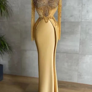 Shining V-Neck Long Sleeves Beaded Appliques Lace Mermaid Satin Prom Dress