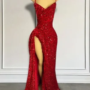 Stunning Shiny Red Sequin Mermaid Prom Dress with Elegant Front Split