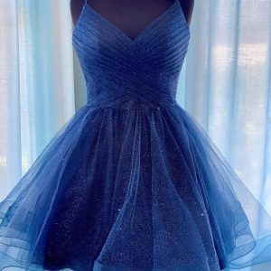 Shiny V-Neck Navy Blue Short Prom Homecoming Dress Graduation Evening
