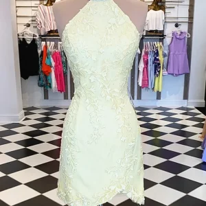 Short Backless Yellow Lace Prom Dress - Formal Homecoming Party Gown