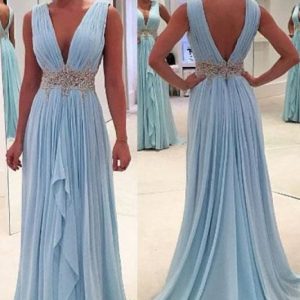Sky Blue Deep V Neck Chiffon A Line Prom Dress