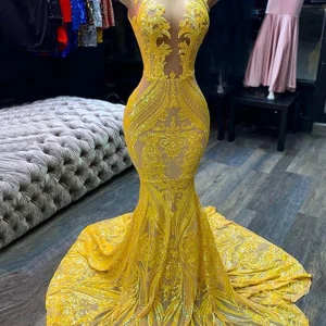 Radiant Yellow Sequined Mermaid Gown: Elegant Sleeveless Prom Dress for Women