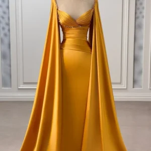 Elegant Ruched Satin Mermaid Prom Dress with Flowing Cape