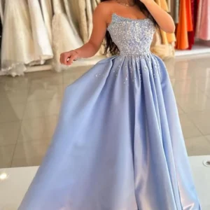 Elegant Strapless Satin A-Line Prom Dress with Ruched Sequins Detailing