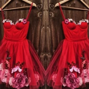 Sweetheart Neck Short Red 3D Floral Prom Homecoming Dress for Party