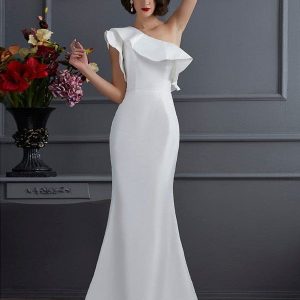 Elegant One-Shoulder Taffeta Trumpet Mermaid Prom Dress with Ruffles