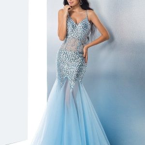 Elegant Sequin Tulle Trumpet Mermaid Prom Dress, Spaghetti Straps Gown