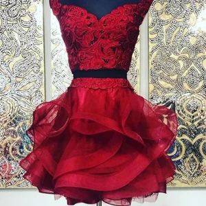 Elegant Two-Piece Burgundy Lace Prom Dress for Graduation & Homecoming Events