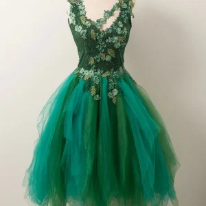 Unique Beaded Floral Short Green Lace Prom Dress: Fluffy Formal Graduation Homecoming