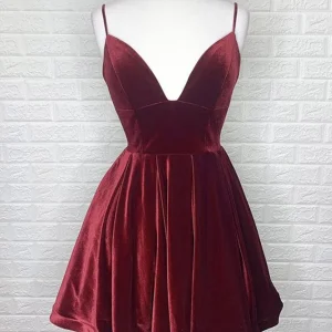 Elegant V-Neck Backless Burgundy Velvet Short Prom Dress, Formal Graduation Homecoming