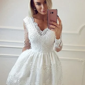 Elegant V-Neck Long Sleeve White Lace Homecoming Dress - Short Formal Graduation Evening