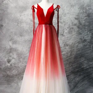 Ombre Röd Maxi Lång A-linje balklänning Högtidsklänning