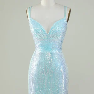 Light Blue Sequin Spaghetti Strap Homecoming Dress Short Sheath Crisscross Back